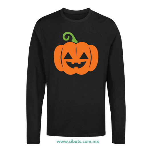 Playera Hombre Manga Larga Halloween Calabaza Naranja