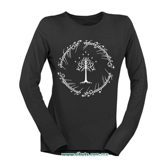Playera Mujer Manga Larga Lord Of The Rings Señor de los Anillos Árbol Gondor Contorno