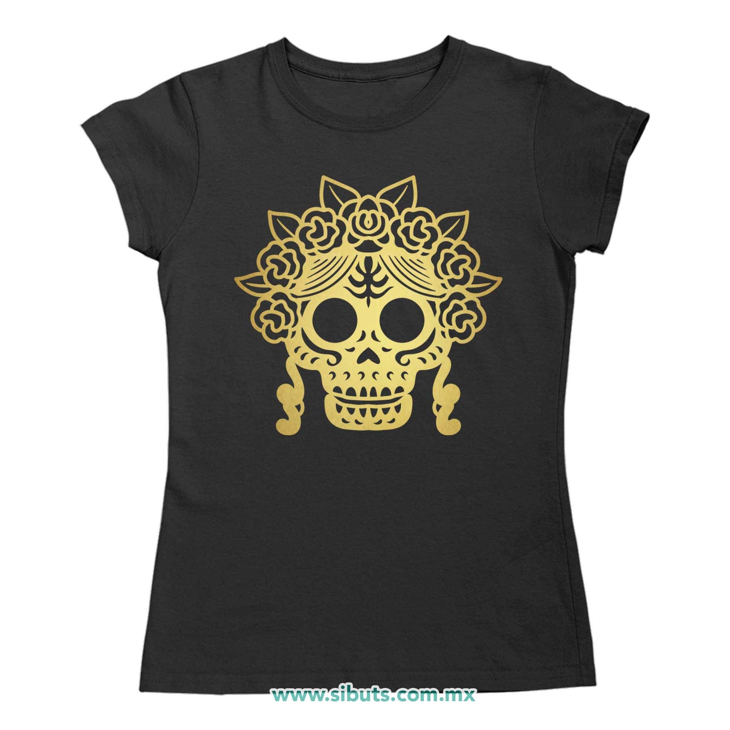 Playera Mujer Papel Picado Catrina Dorada Día de Muertos