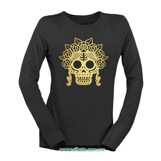 Playera Mujer Manga Larga Papel Picado Catrina Dorada Día de Muertos