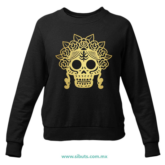 Sudadera Mujer Cuello Redondo Papel Picado Catrina Dorada Día de Muertos