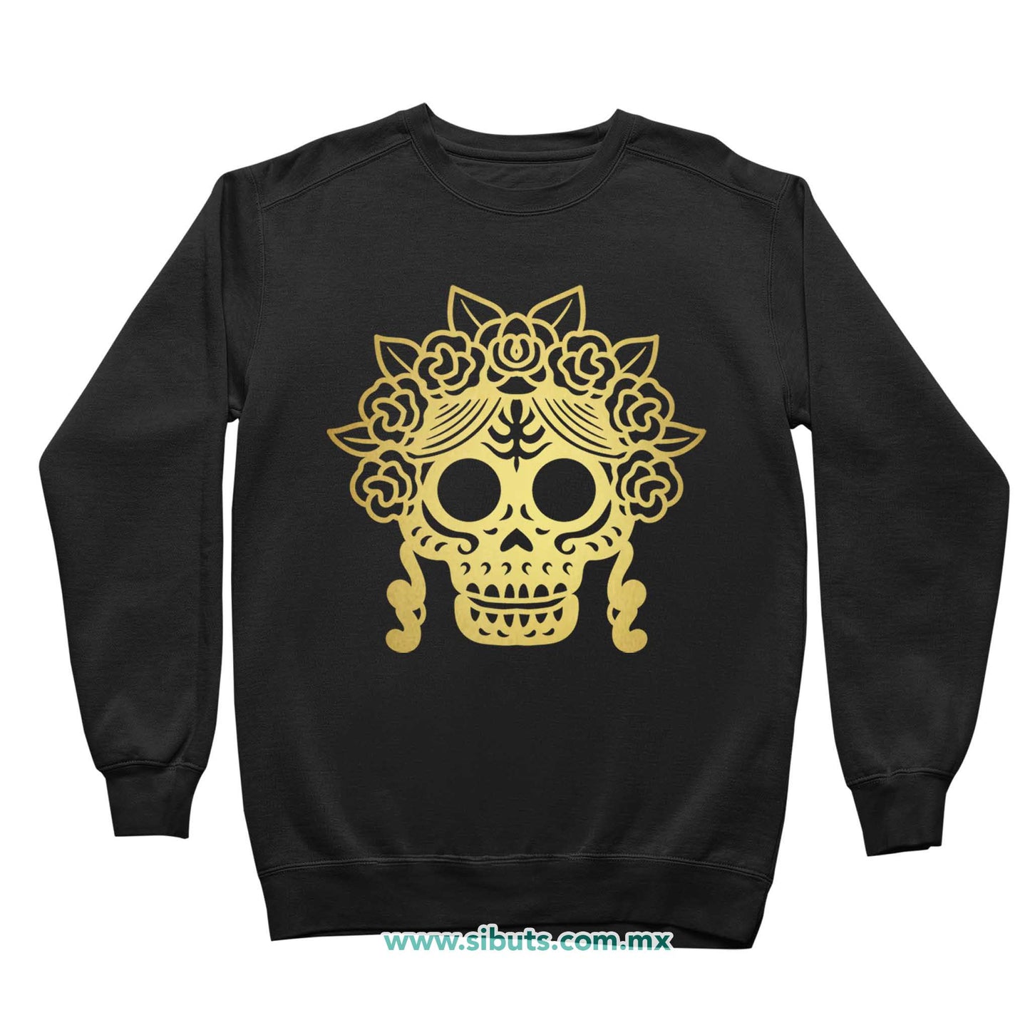Sudadera Niña Cuello Redondo Papel Picado Catrina Dorada Día de Muertos
