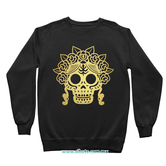 Sudadera Niña Cuello Redondo Papel Picado Catrina Dorada Día de Muertos