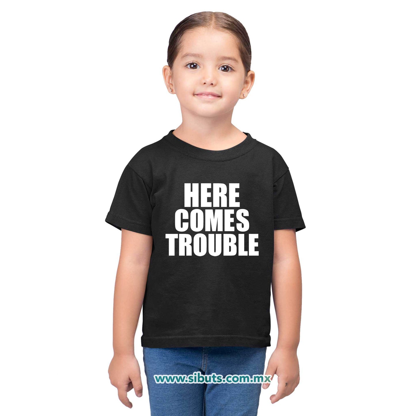 Playera Niño Frase Here Comes Trouble