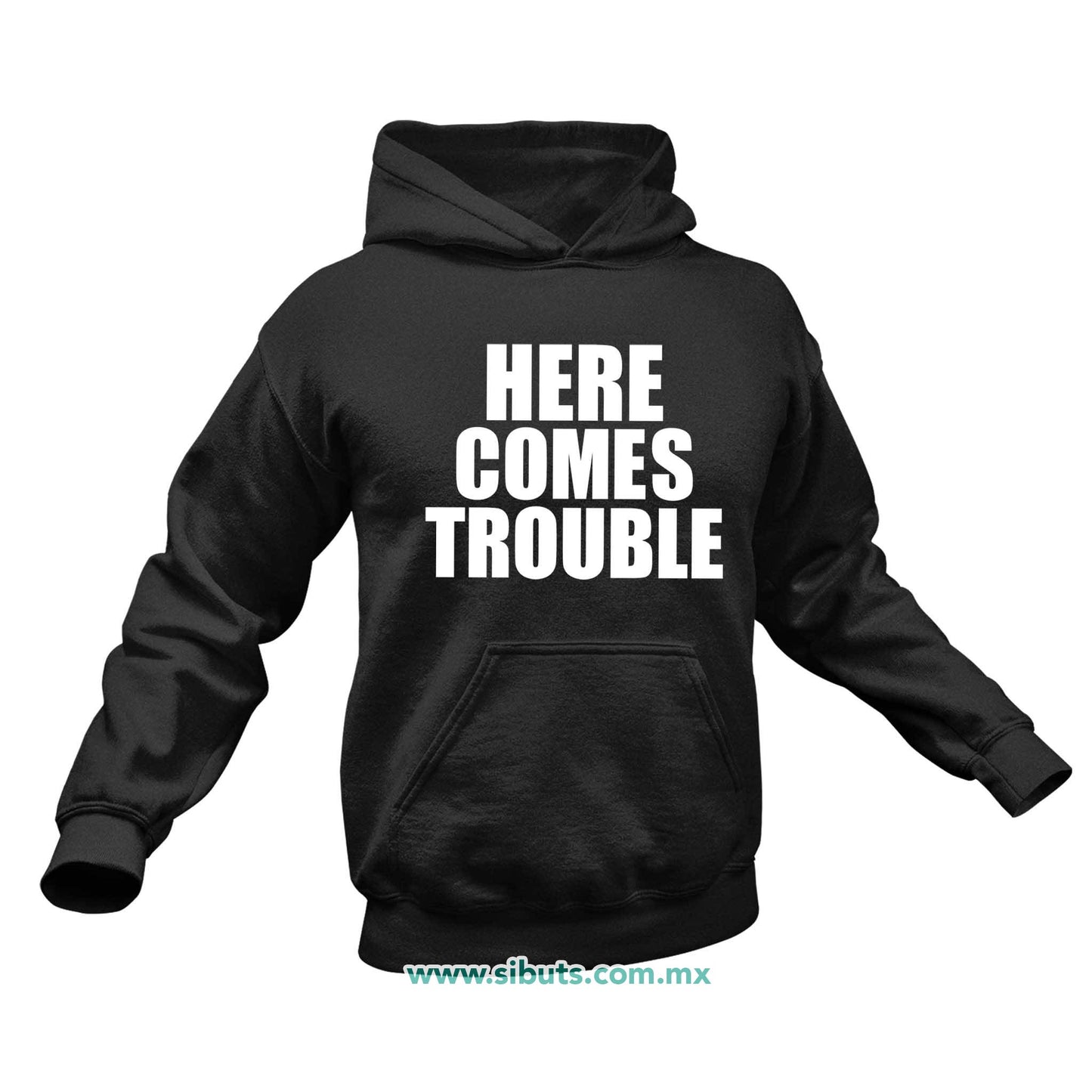 Sudadera Hombre Gorro Frase Here Comes Trouble