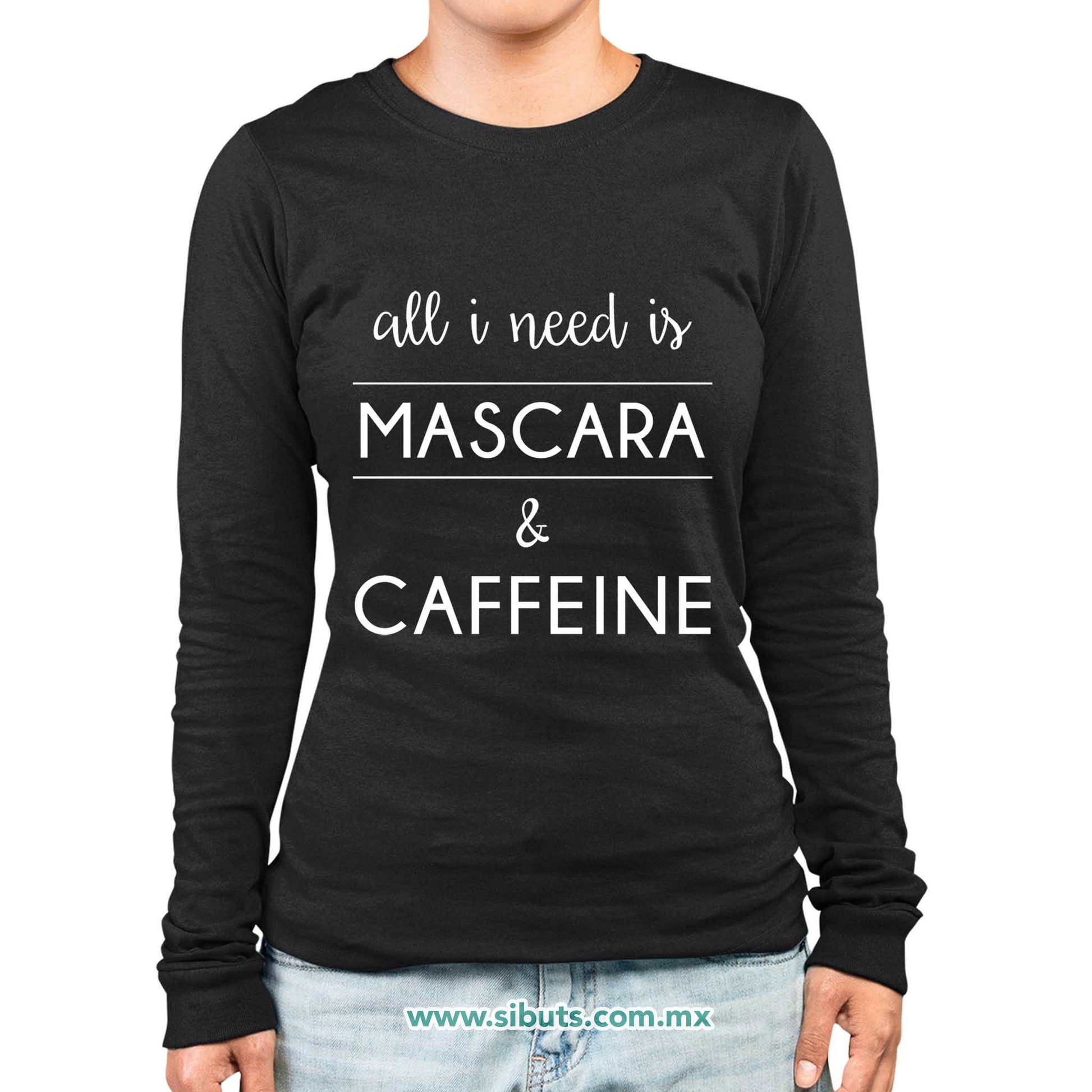Playera Mujer Manga Larga Frase Mascara And Caffeine