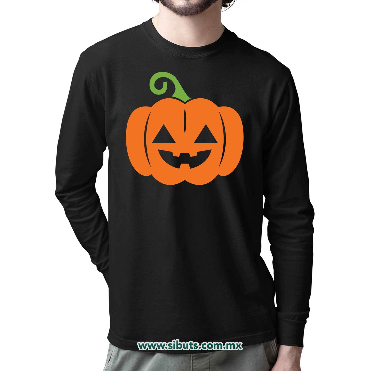 Playera Hombre Manga Larga Halloween Calabaza Naranja