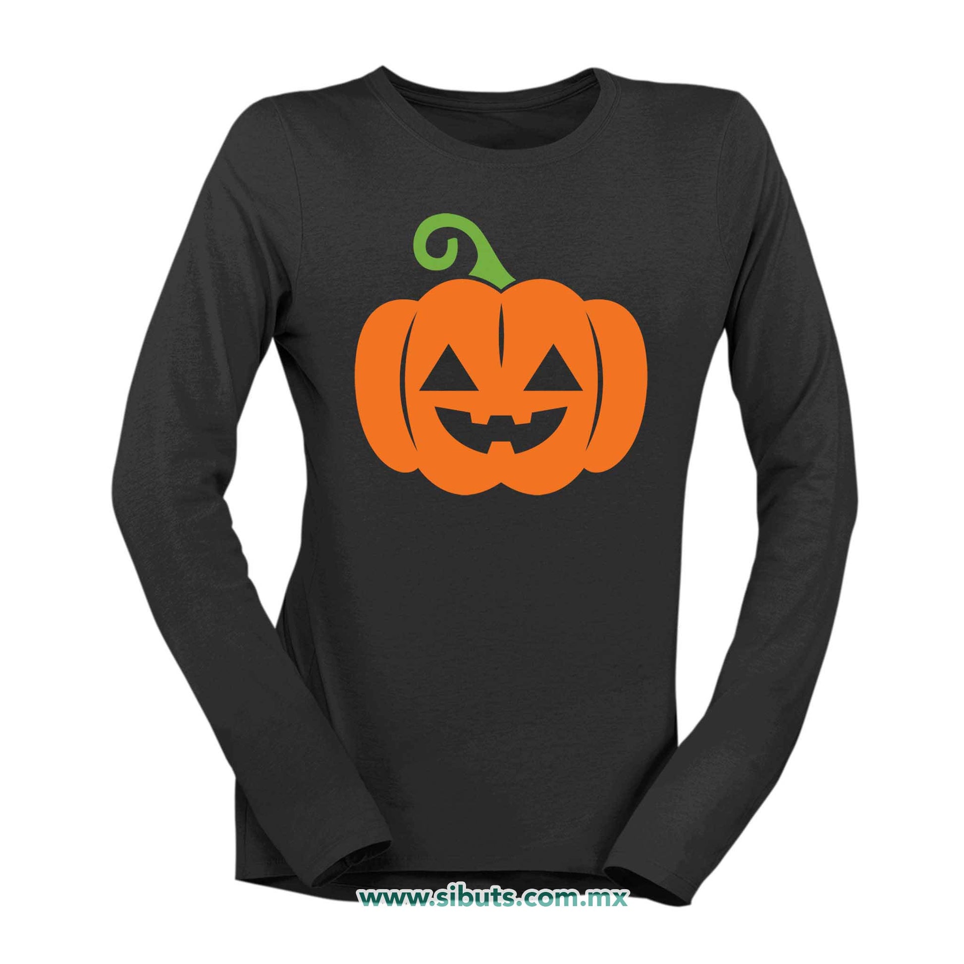 Playera Mujer Manga Larga Halloween Calabaza Naranja