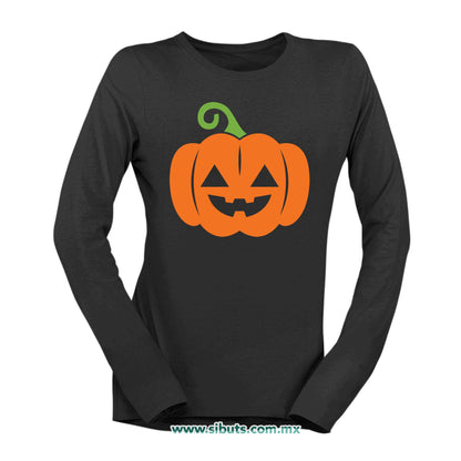 Playera Mujer Manga Larga Halloween Calabaza Naranja