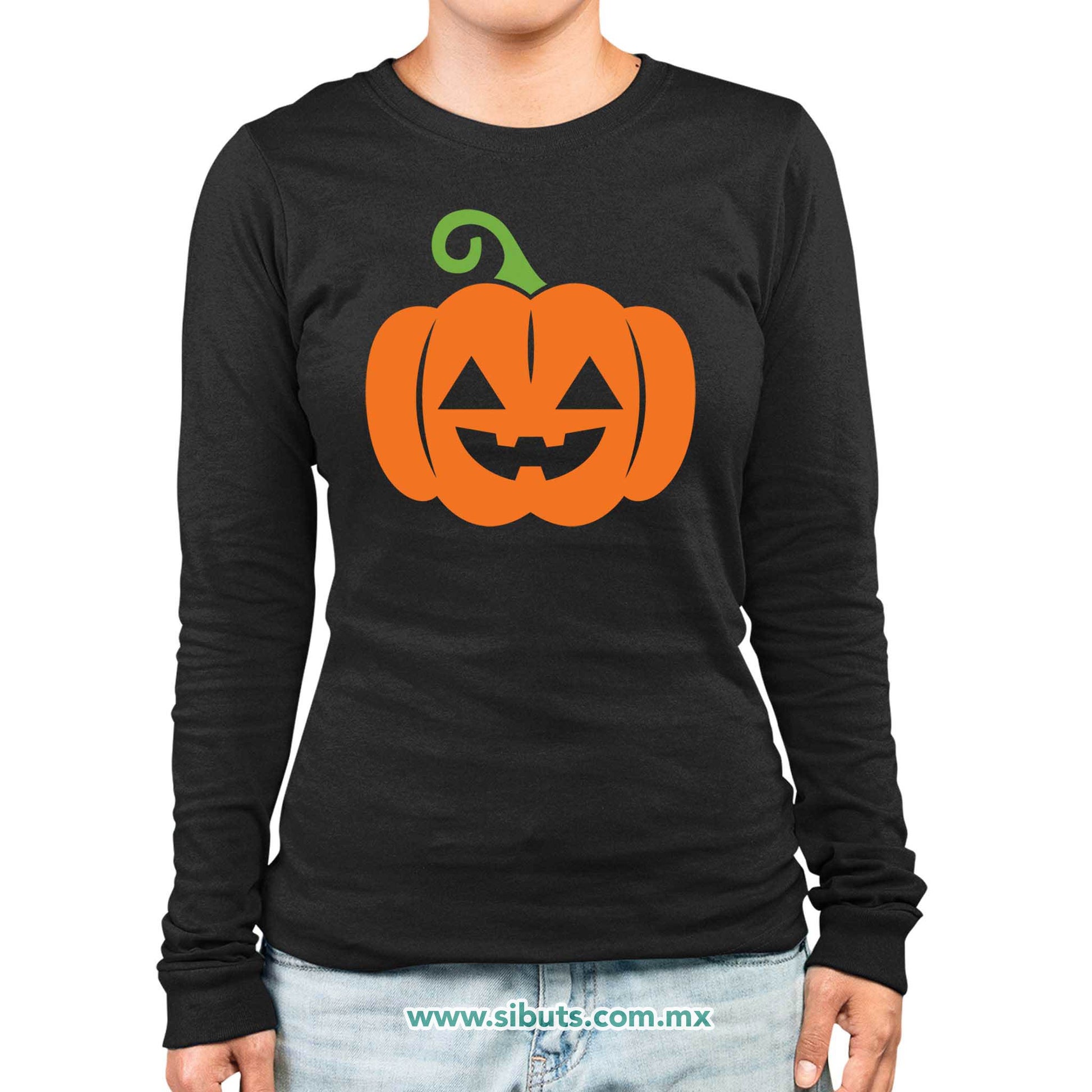 Playera Mujer Manga Larga Halloween Calabaza Naranja