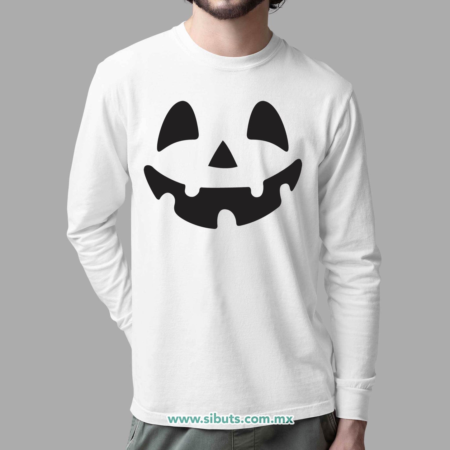 Playera Hombre Manga Larga Halloween Calabaza Feliz