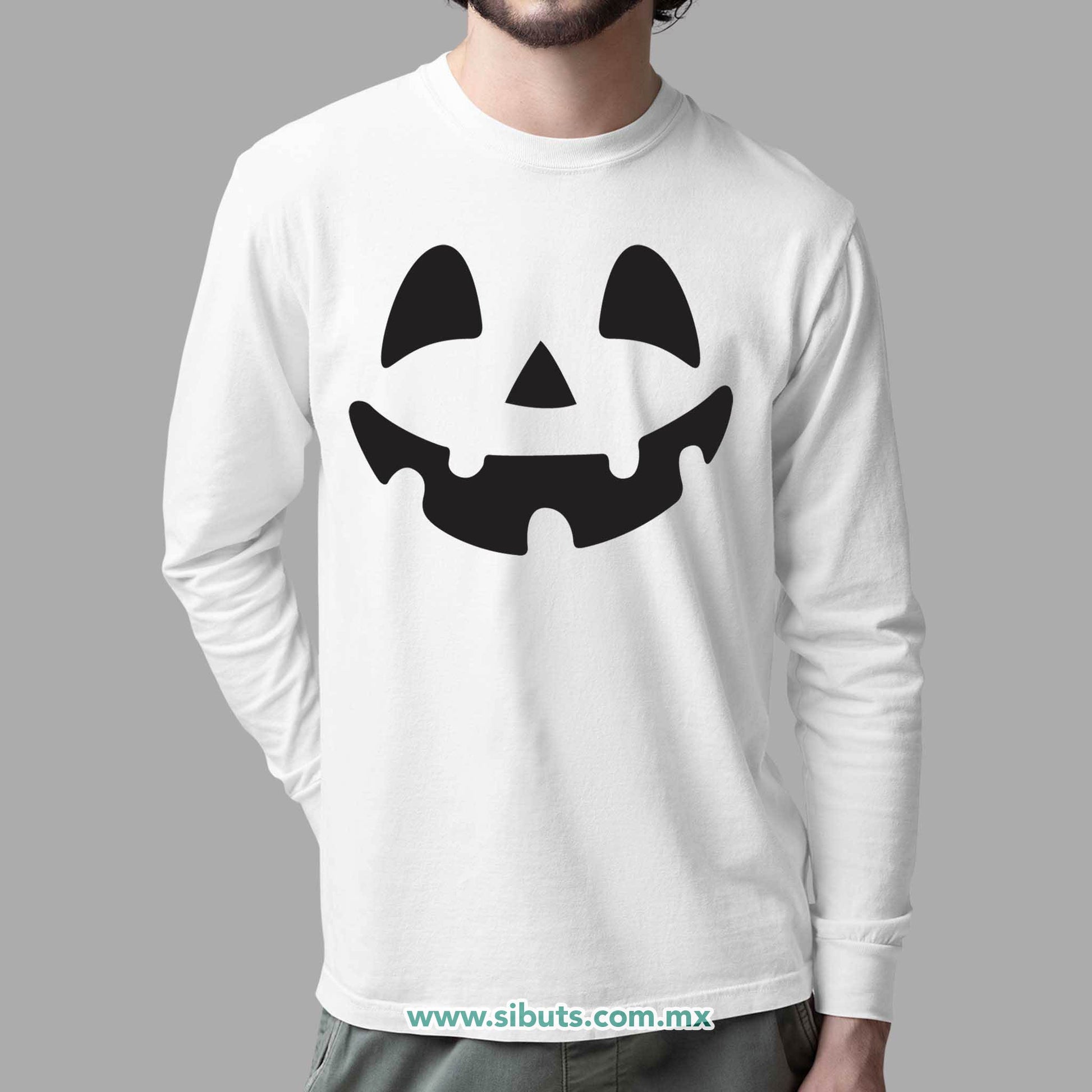 Playera Hombre Manga Larga Halloween Calabaza Feliz