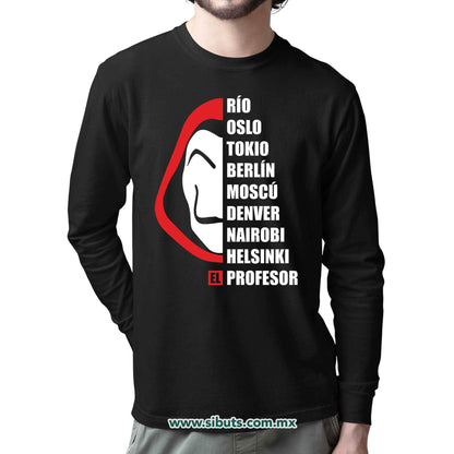 Playera Hombre Manga Larga Nombres Casa Papel