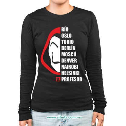 Playera Mujer Manga Larga Nombres Casa Papel