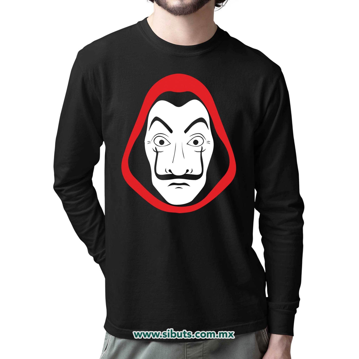 Playera Hombre Manga Larga Máscara Casa Papel