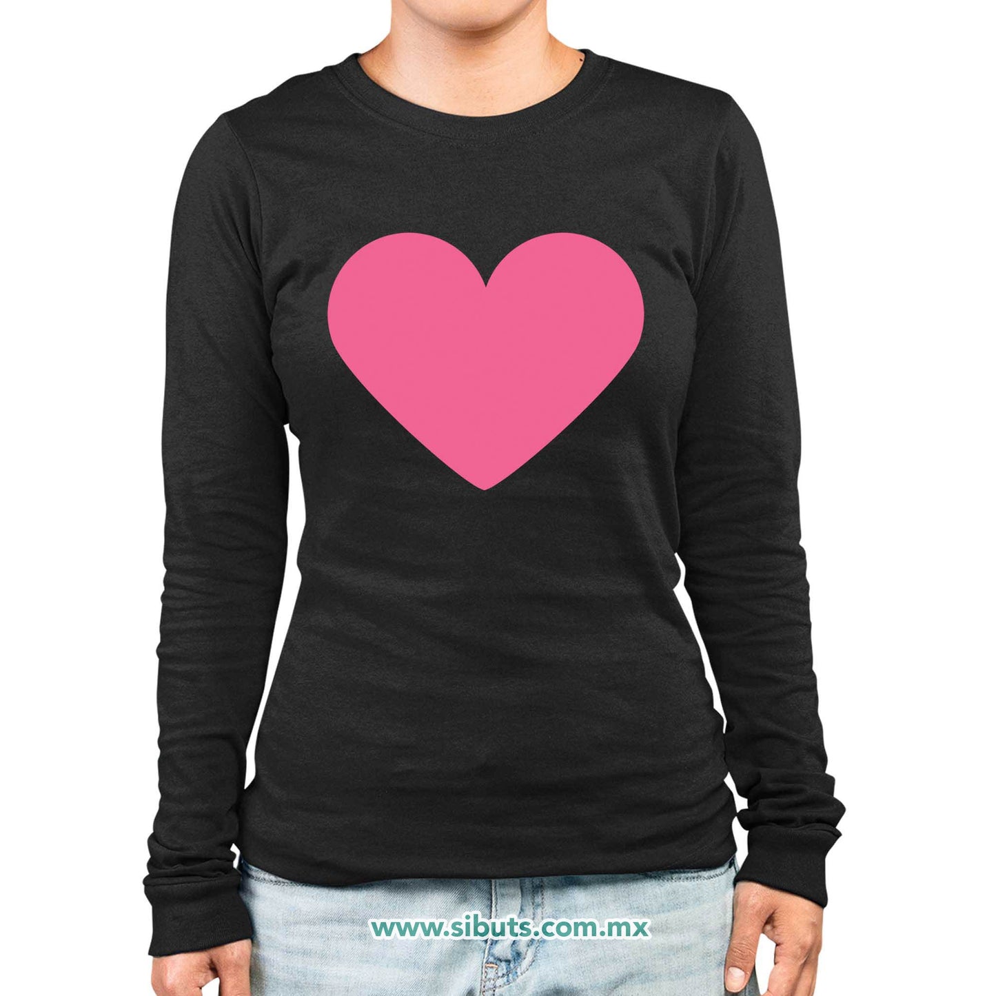 Playera Mujer Manga Larga Corazón Rosa