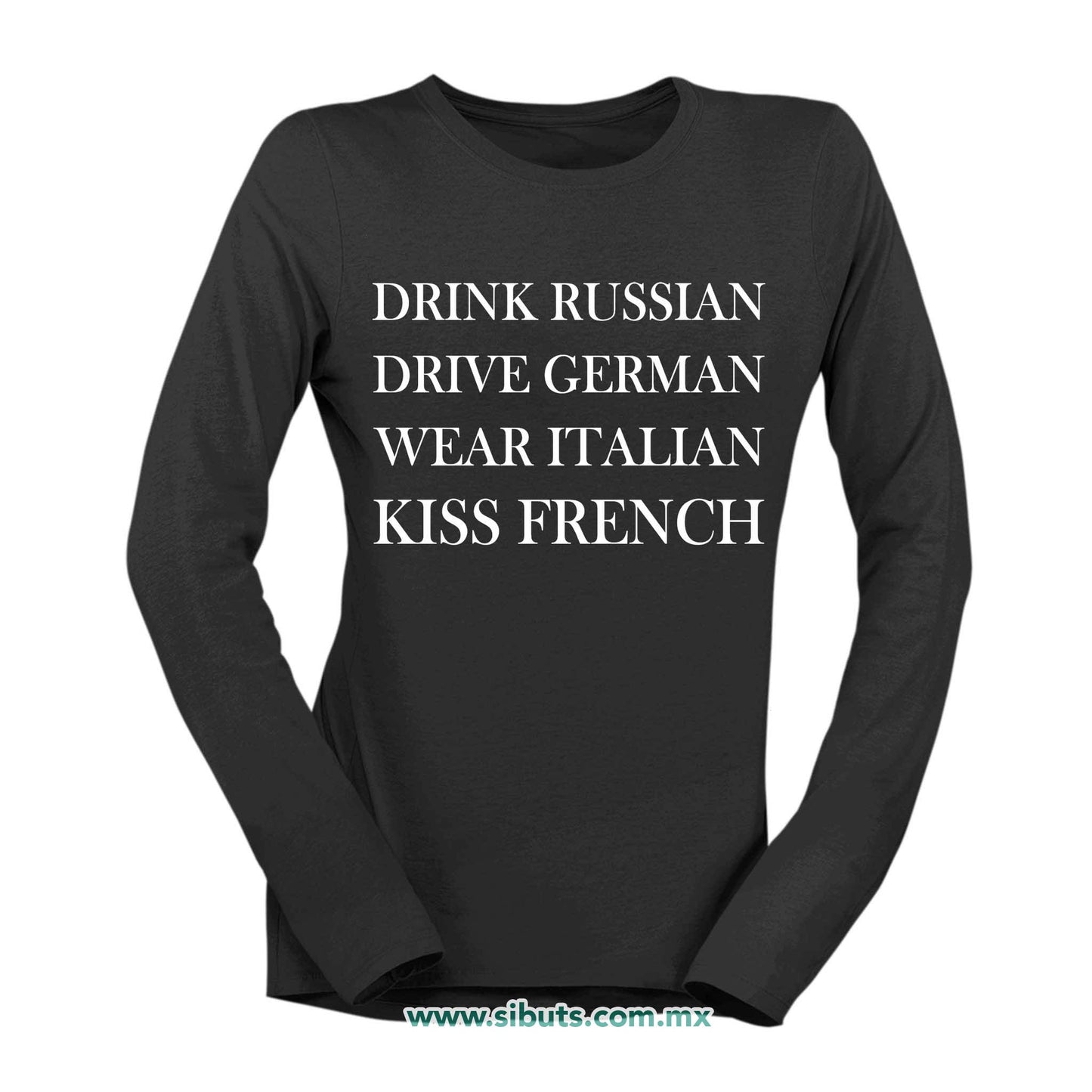 Playera Mujer Manga Larga Frase Kiss French
