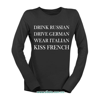 Playera Mujer Manga Larga Frase Kiss French