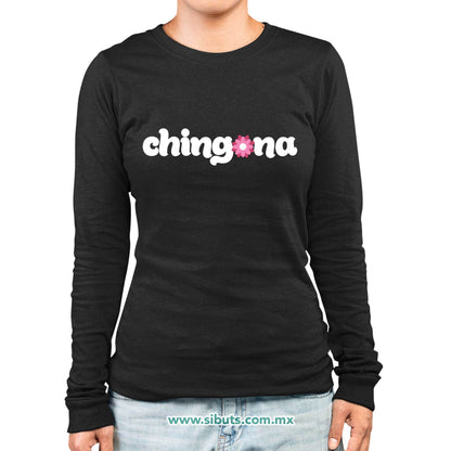 Playera Mujer Manga Larga Chingona con Flor