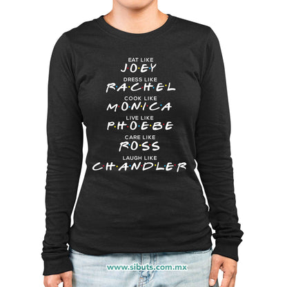 Playera Mujer Manga Larga Friends Names Joey Rachel Monica Phoebe Ross Chandler