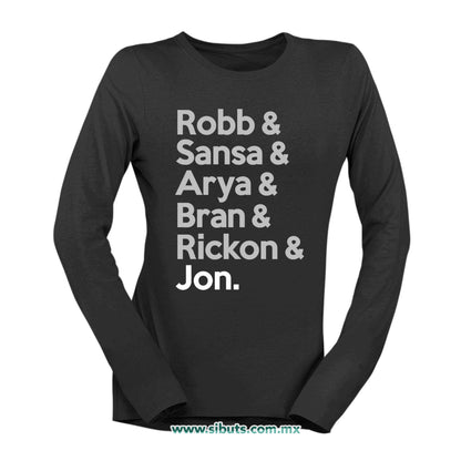 Playera Mujer Manga Larga Game Of Thrones Names Jon Sansa Arya