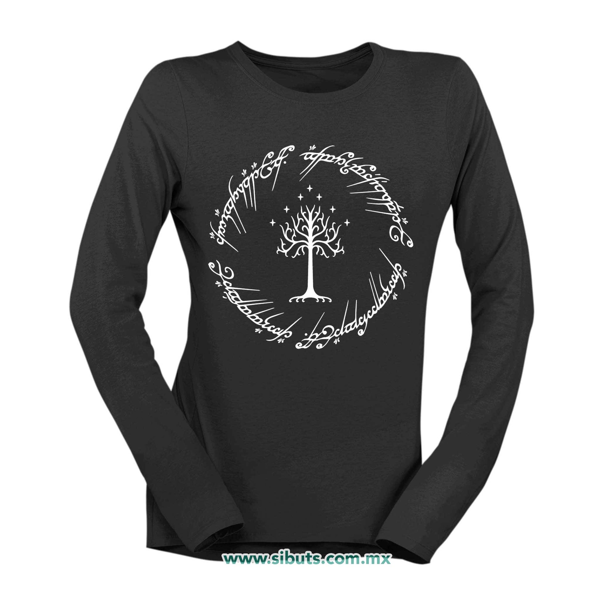 Playera Mujer Manga Larga Lord Of The Rings Señor de los Anillos Árbol Gondor Contorno