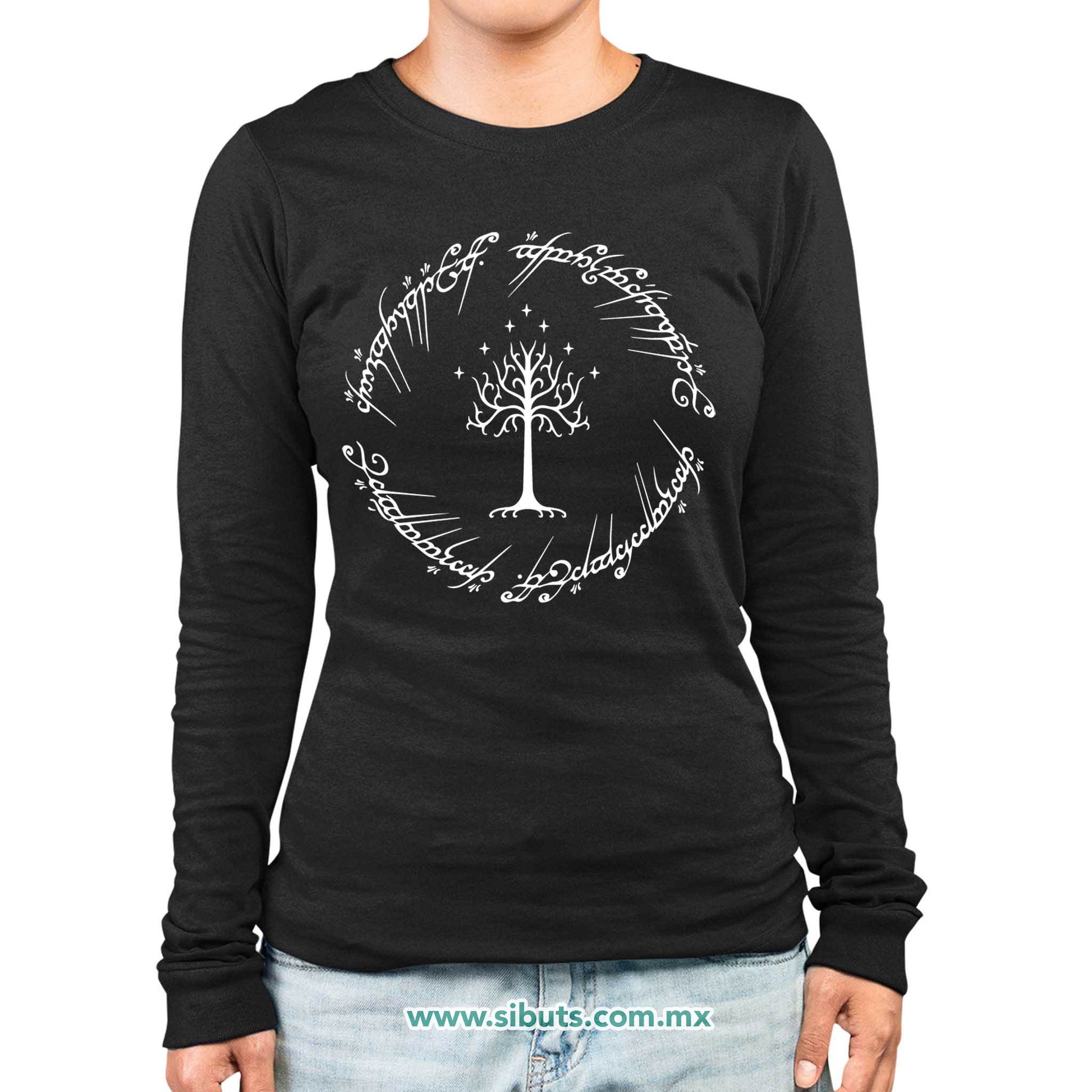 Playera Mujer Manga Larga Lord Of The Rings Señor de los Anillos Árbol Gondor Contorno