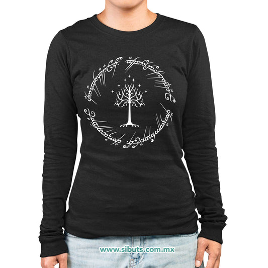 Playera Mujer Manga Larga Lord Of The Rings Señor de los Anillos Árbol Gondor Contorno