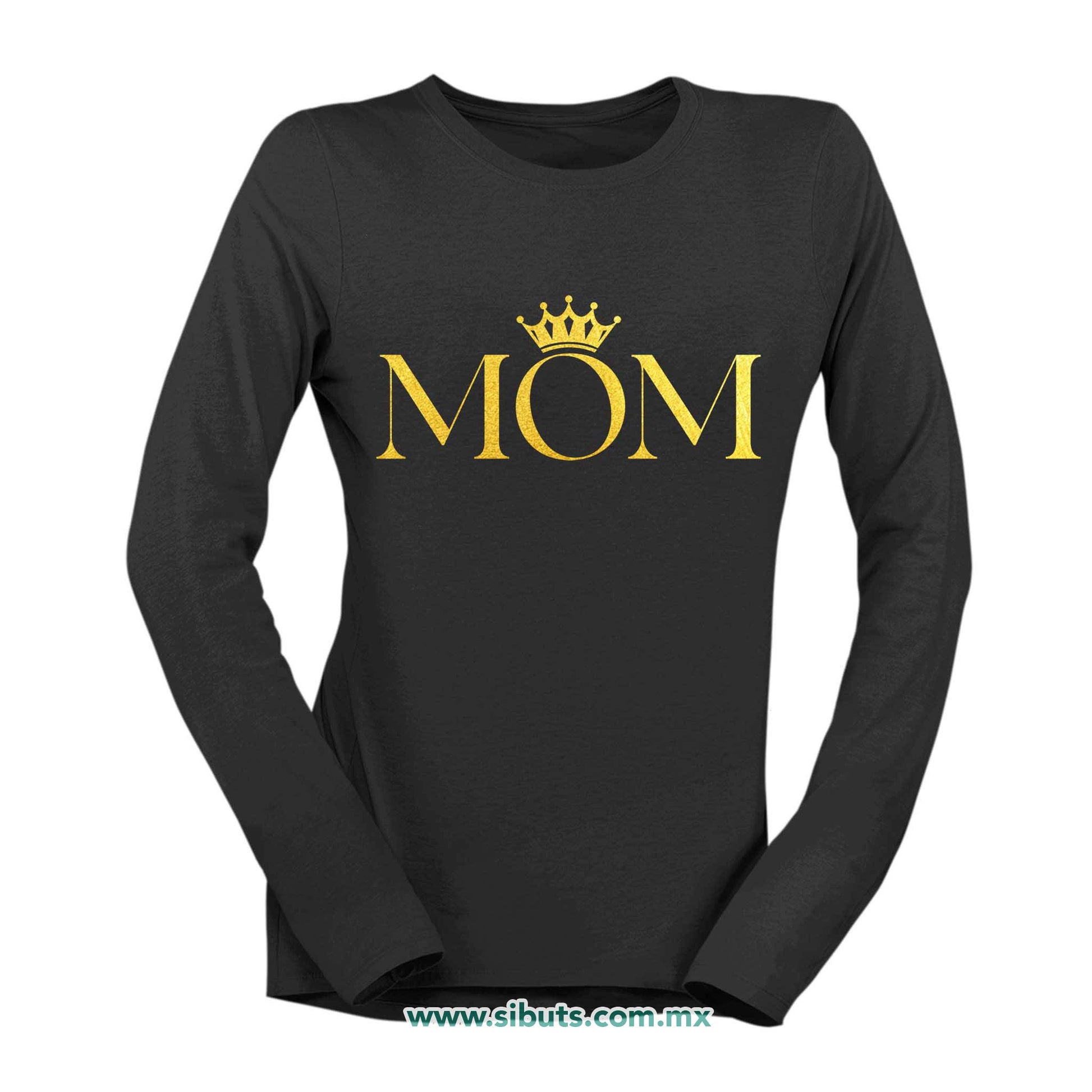 Playera Mujer Manga Larga Mamá Reina Corona Dorada