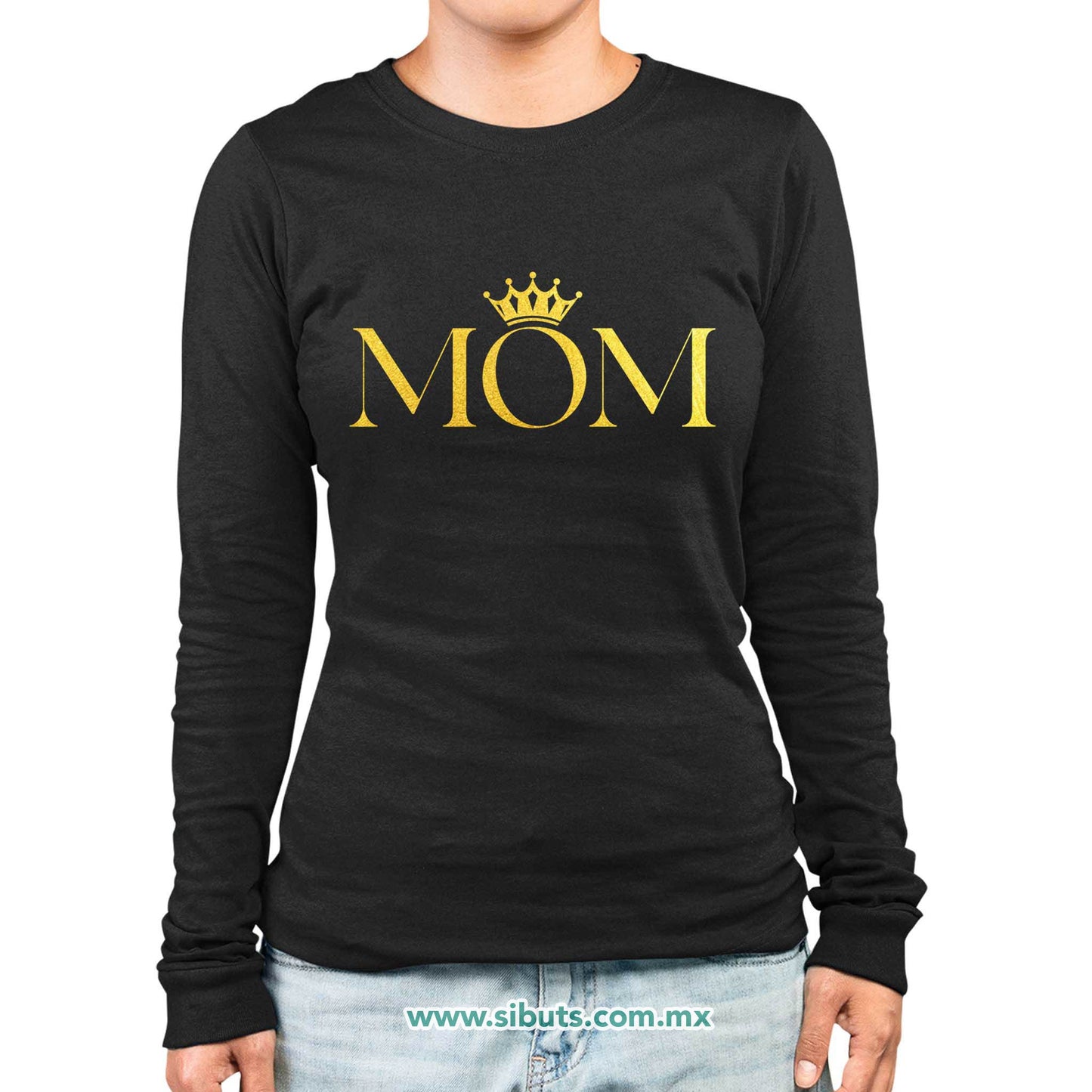 Playera Mujer Manga Larga Mamá Reina Corona Dorada