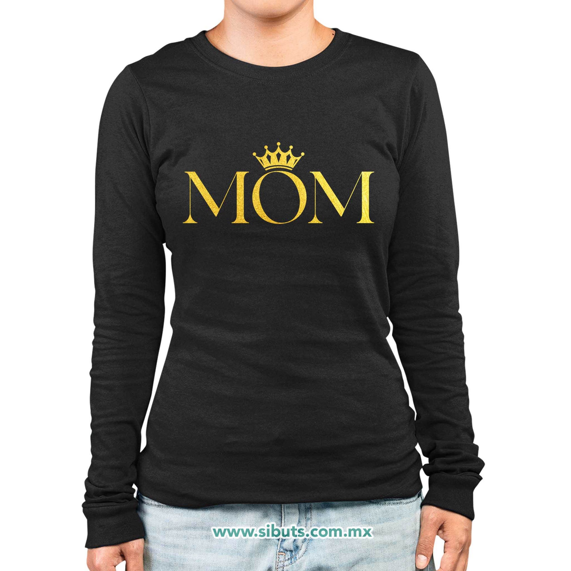 Playera Mujer Manga Larga Mamá Reina Corona Dorada