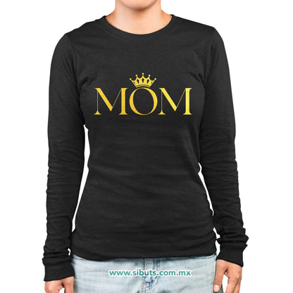Playera Mujer Manga Larga Mamá Reina Corona Dorada