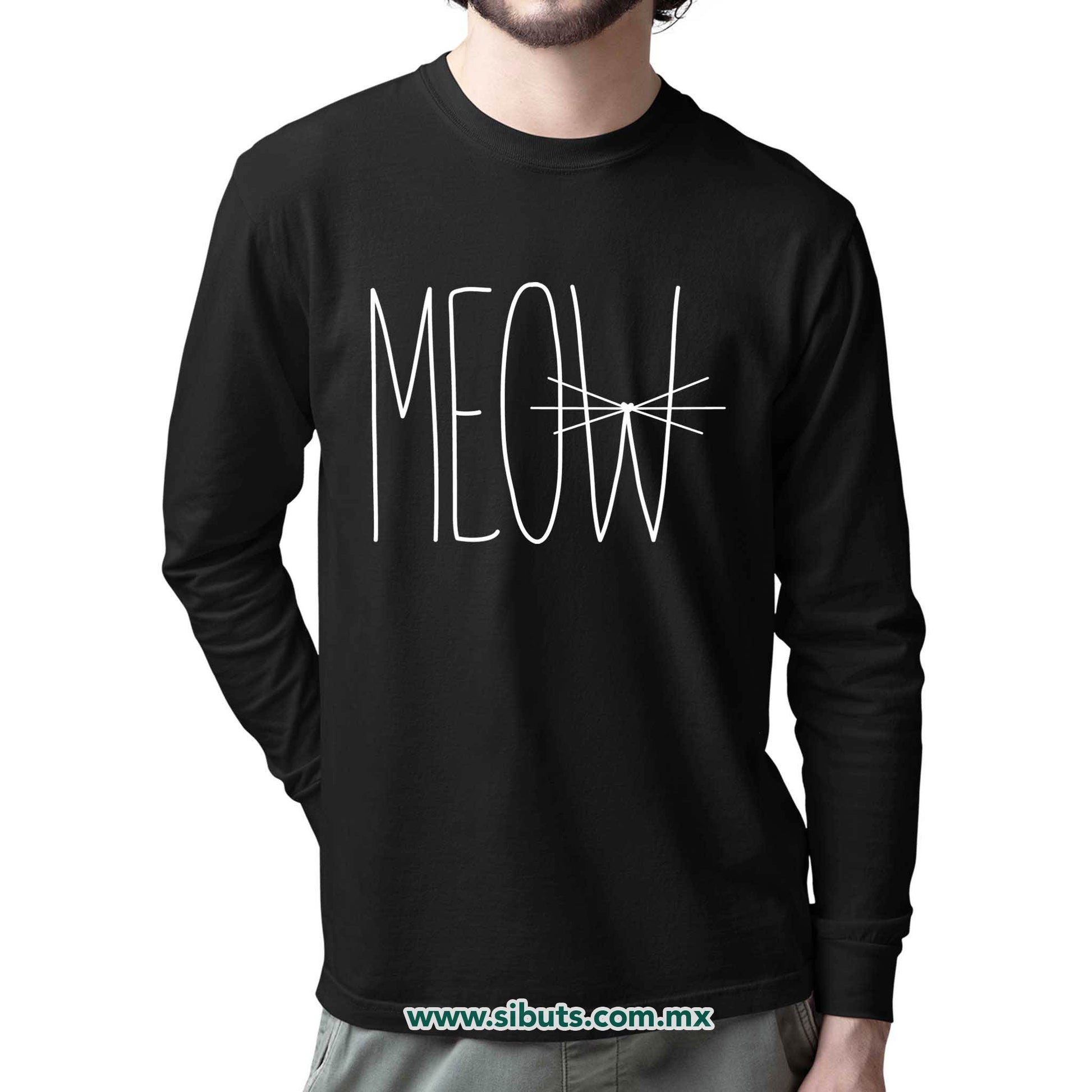 Playera Hombre Manga Larga Gato Meow