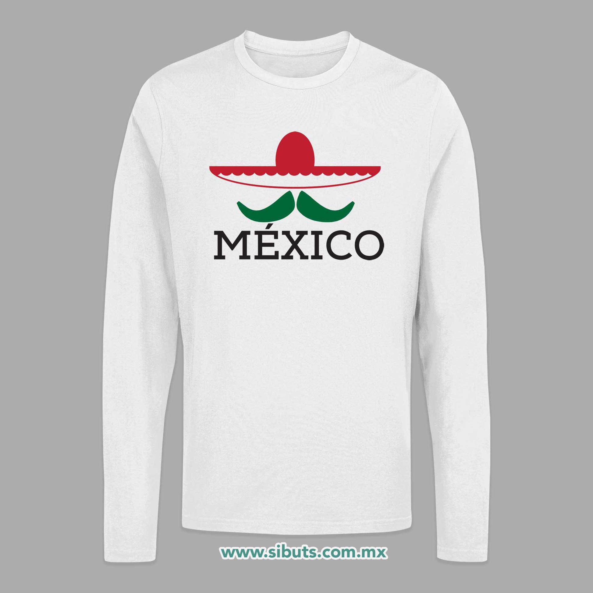 Playera Hombre Manga Larga México Bigote y Sombrero