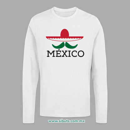Playera Hombre Manga Larga México Bigote y Sombrero