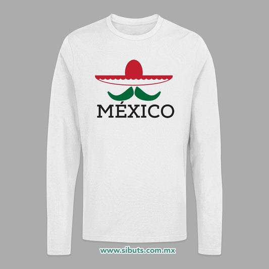 Playera Hombre Manga Larga México Bigote y Sombrero