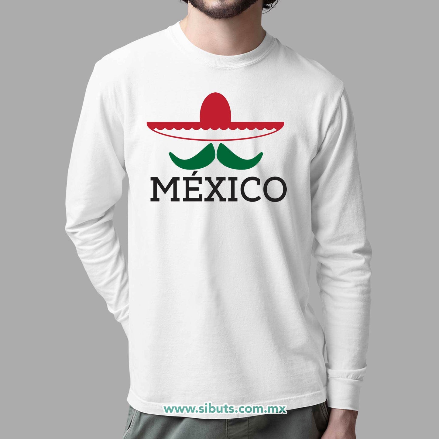 Playera Hombre Manga Larga México Bigote y Sombrero