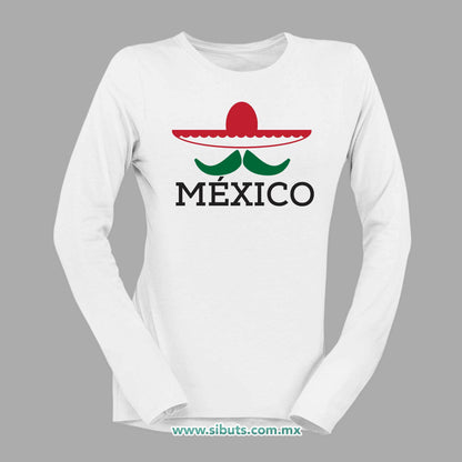 Playera Mujer Manga Larga México Bigote y Sombrero