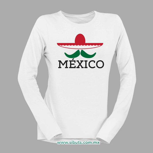 Playera Mujer Manga Larga México Bigote y Sombrero