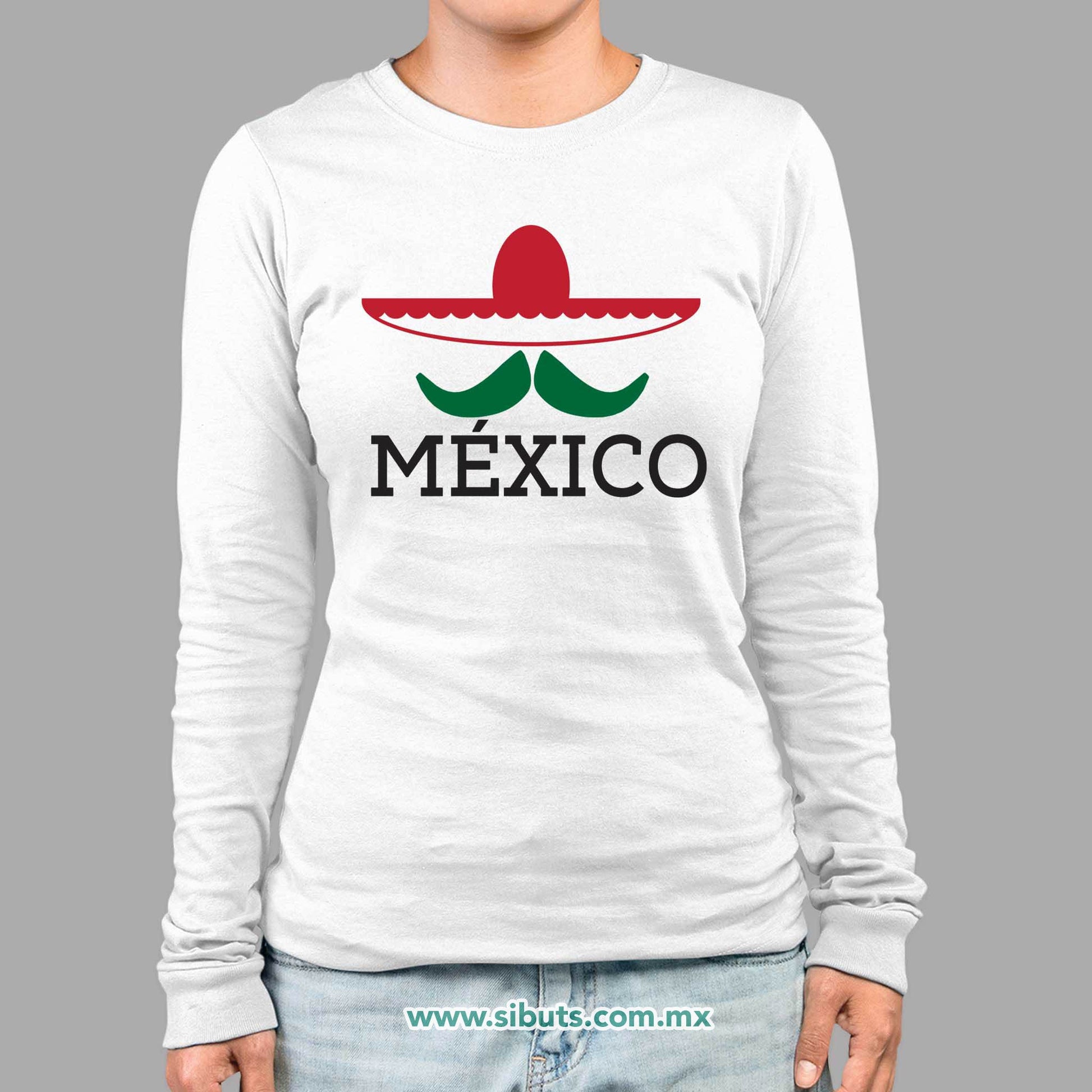 Playera Mujer Manga Larga México Bigote y Sombrero