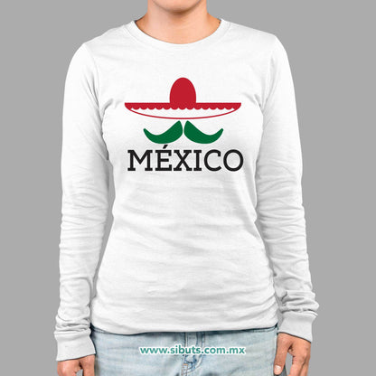 Playera Mujer Manga Larga México Bigote y Sombrero