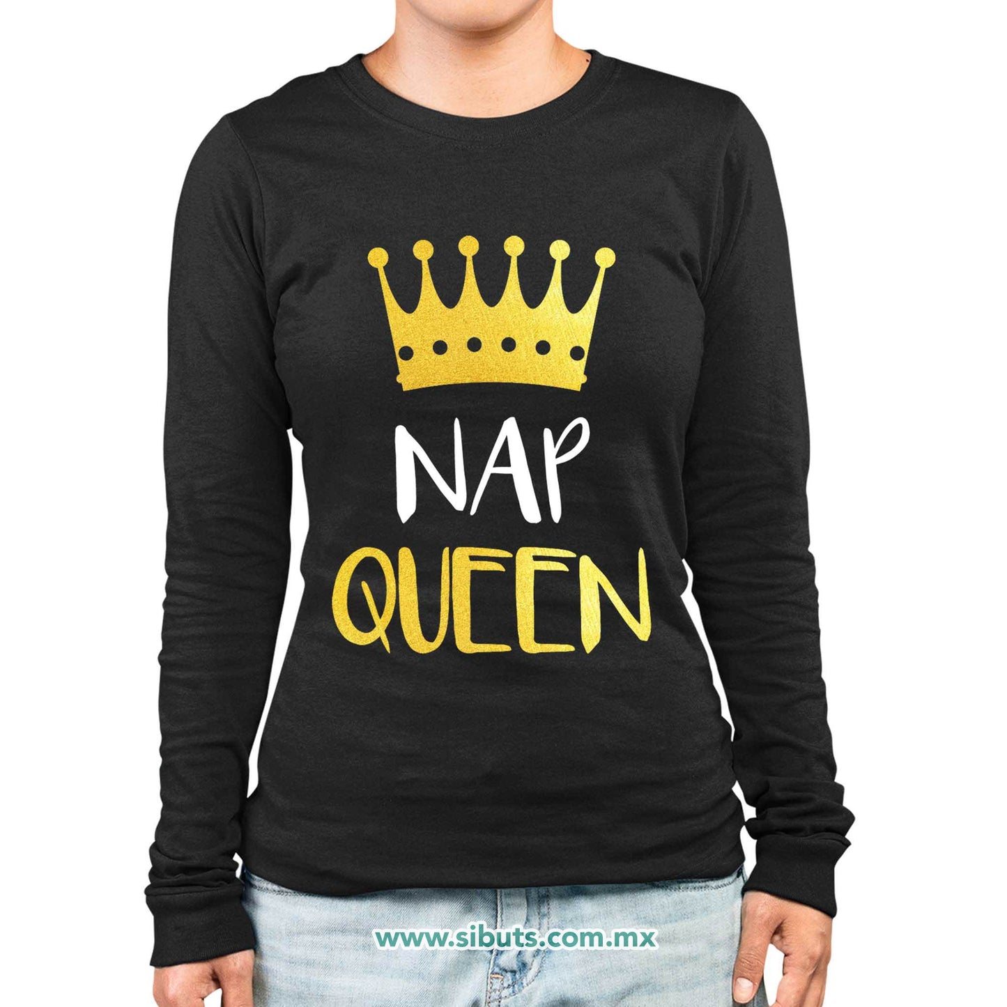 Playera Mujer Manga Larga Frase Nap Queen