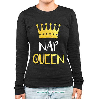 Playera Mujer Manga Larga Frase Nap Queen