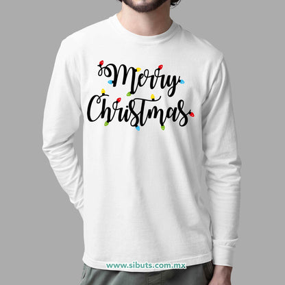 Playera Hombre Manga Larga Merry Chrismas Focos