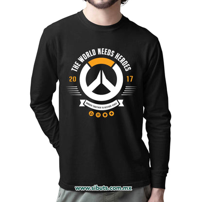 Playera Hombre Manga Larga Overwatch World Needs Heroes Gamer