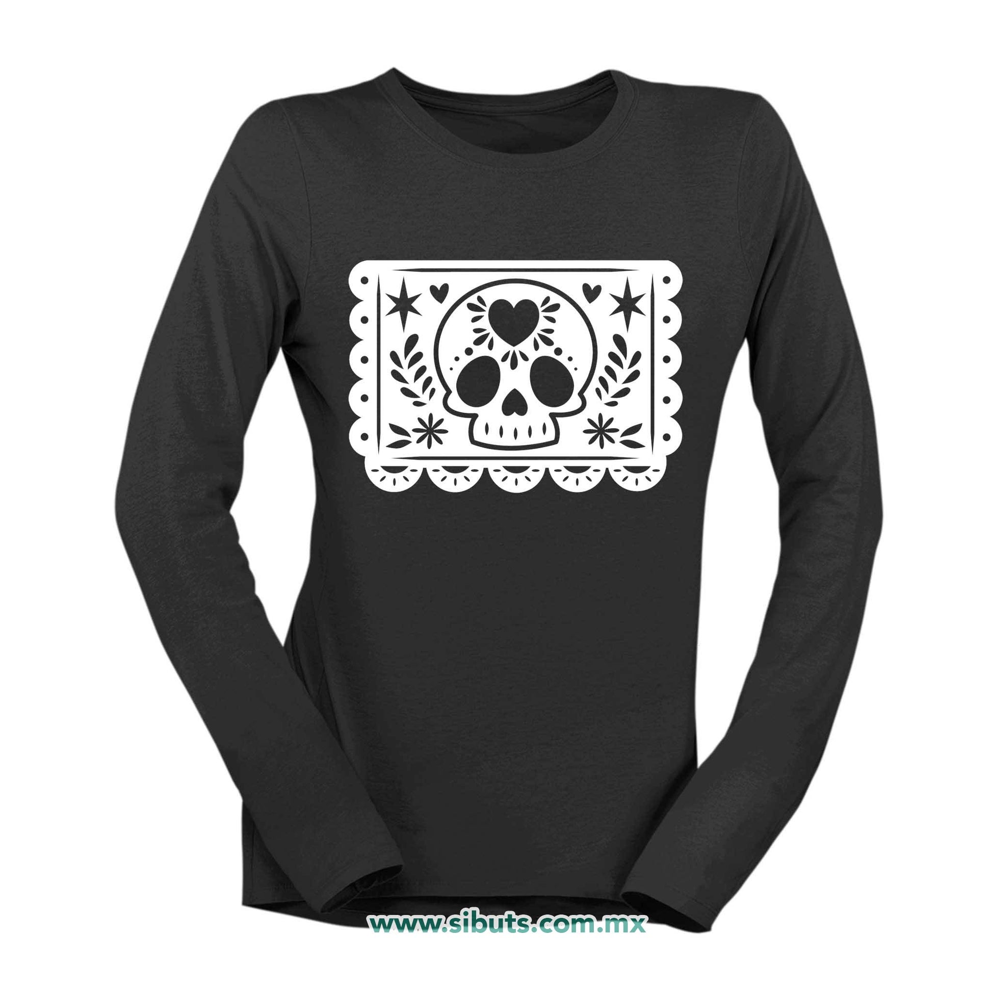 Playera Mujer Manga Larga Papel Picado Calavera Día de Muertos