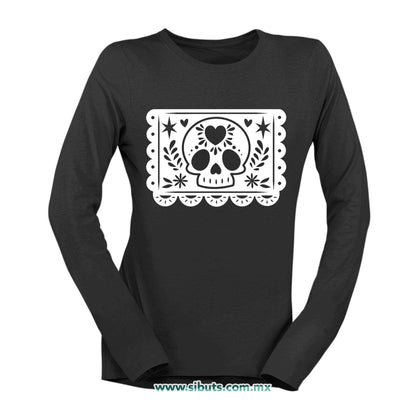 Playera Mujer Manga Larga Papel Picado Calavera Día de Muertos