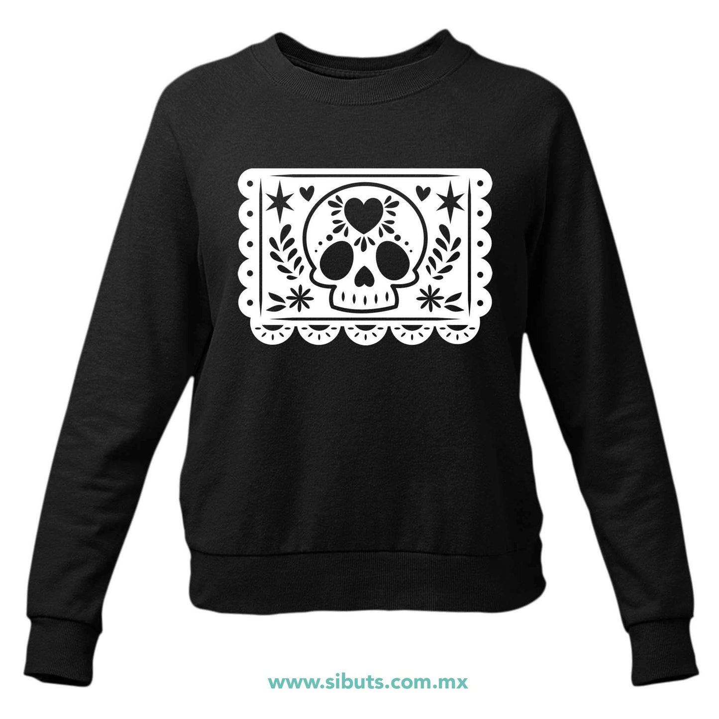 Sudadera Mujer Cuello Redondo Papel Picado Calavera Día de Muertos