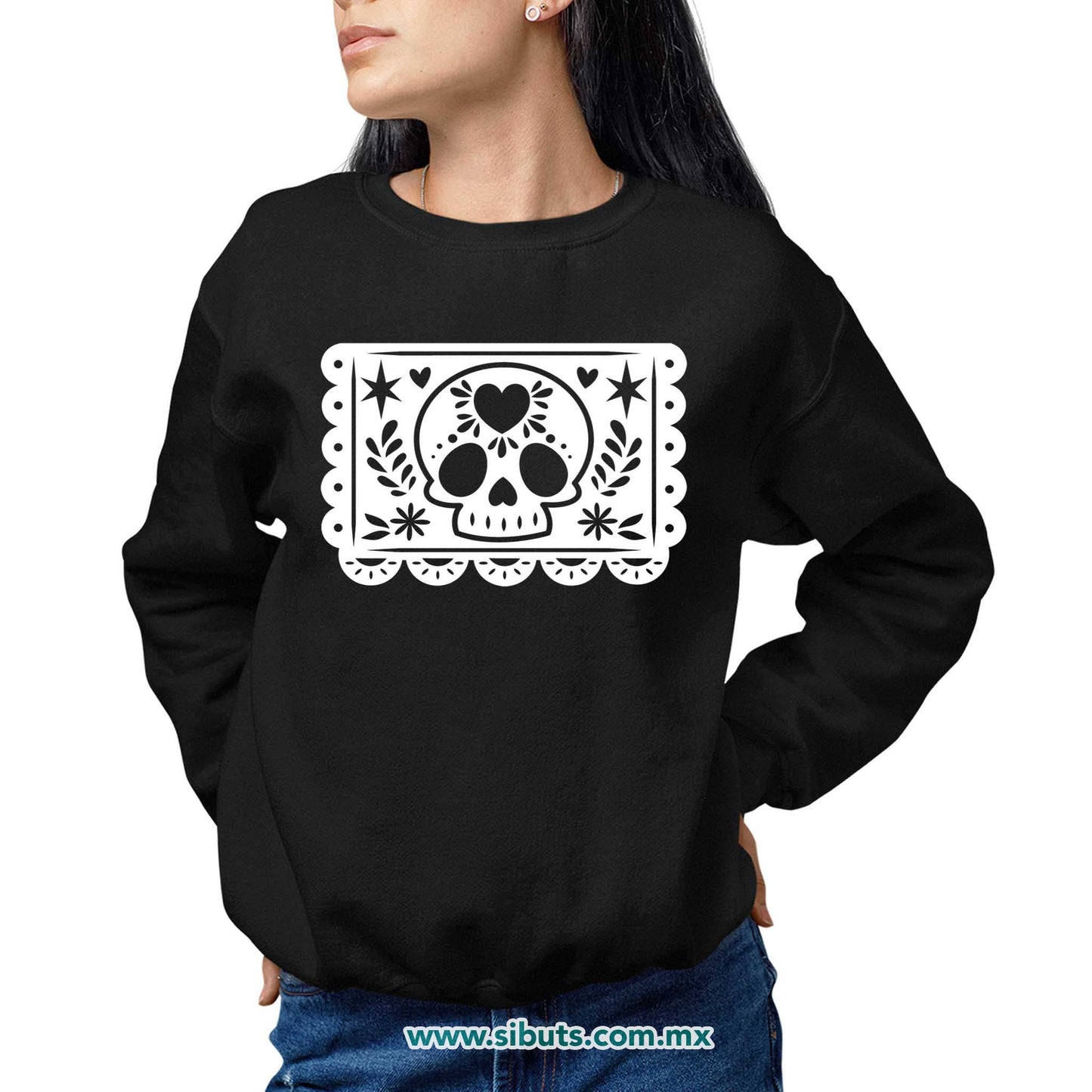 Sudadera Mujer Cuello Redondo Papel Picado Calavera Día de Muertos