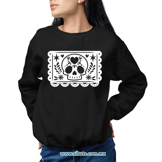 Sudadera Mujer Cuello Redondo Papel Picado Calavera Día de Muertos